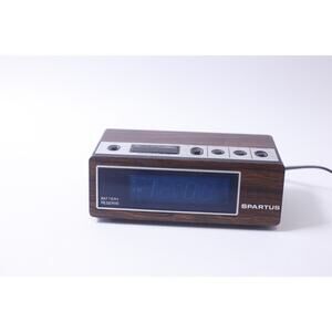 Sparta, 1960s, 1970s, Alarm Clock, Blue Numbers, Blue Light, Wood Faux, Small ,